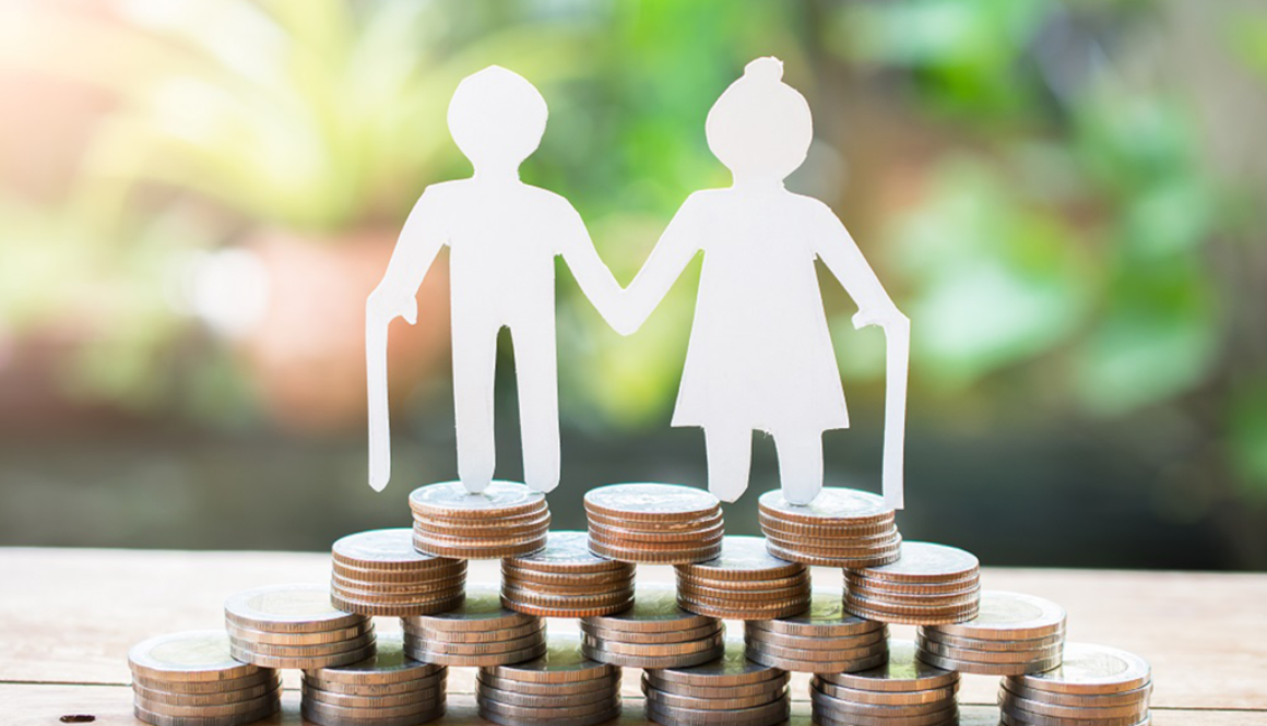 Elder couple standing on coins - representing Retirement-Planning